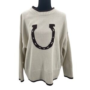 Soho & Stella‎ New York Horseshoe Graphic Sweater Cream Brown Womens Medium Boho